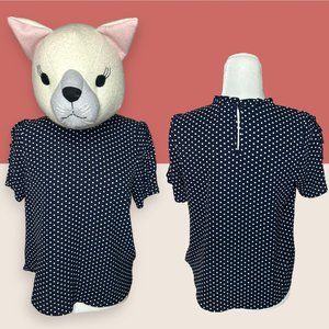 ⚓️ MONTEAU POLKA DOT SHORT SLEEVE NAVY BLUE BLOUSE RUFFLES KEYHOLE MEDIUM